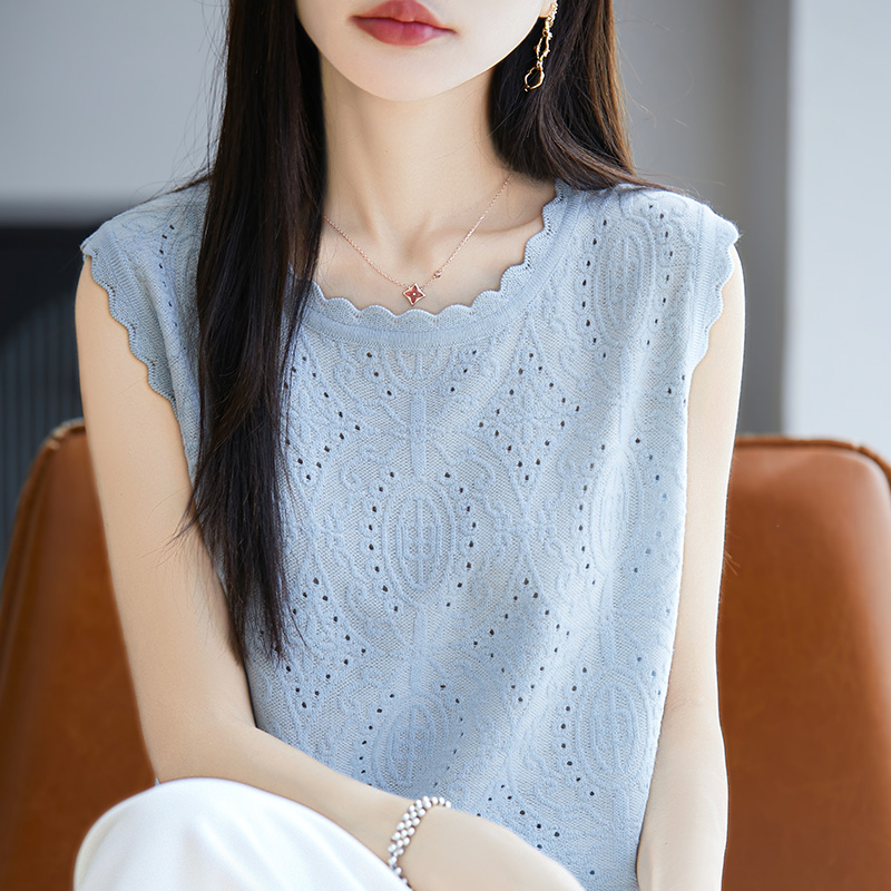 法式气质小香风花边圆领钩花内搭女打底宽松针织春夏无袖背心薄款