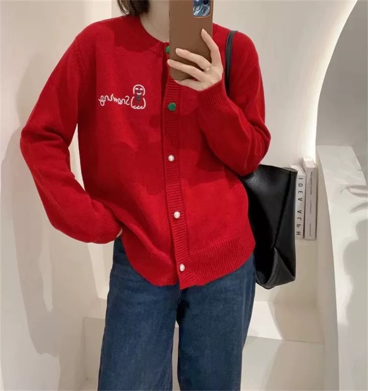 523款号毛针织衫开衫秋季圆领常规宽松休闲上衣红色短款长袖时尚