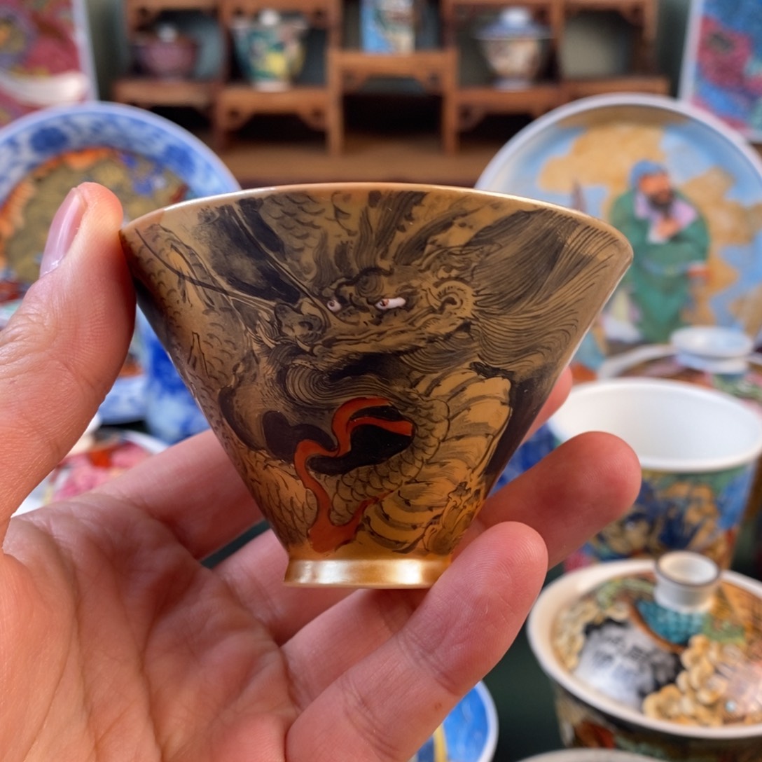 手工手绘墨龙斗笠主人杯