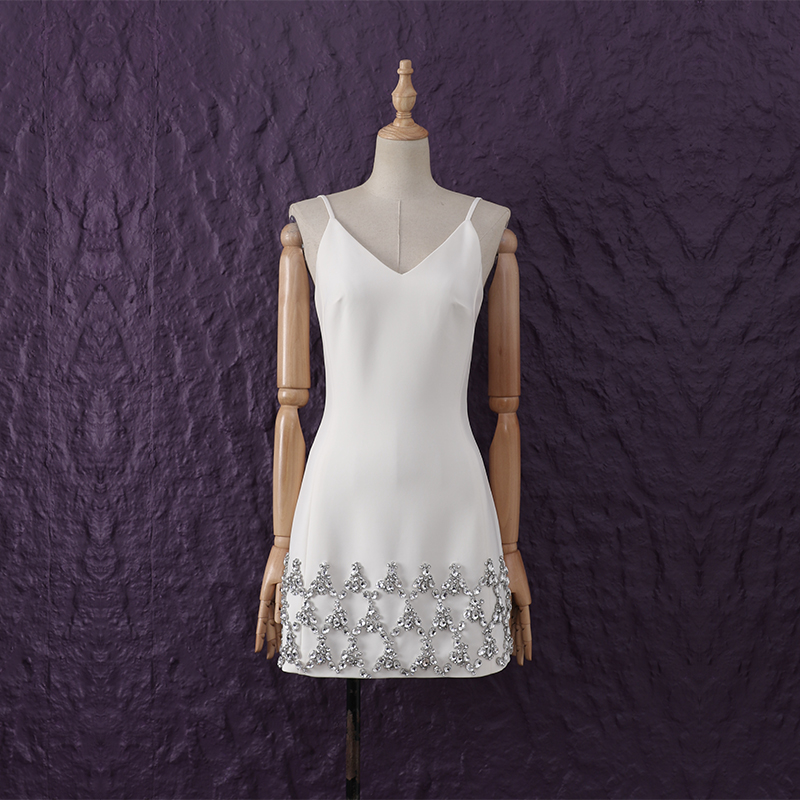 轻奢名媛气质重工镶钻性感V领露背吊带收腰显瘦连衣裙短裙小礼服