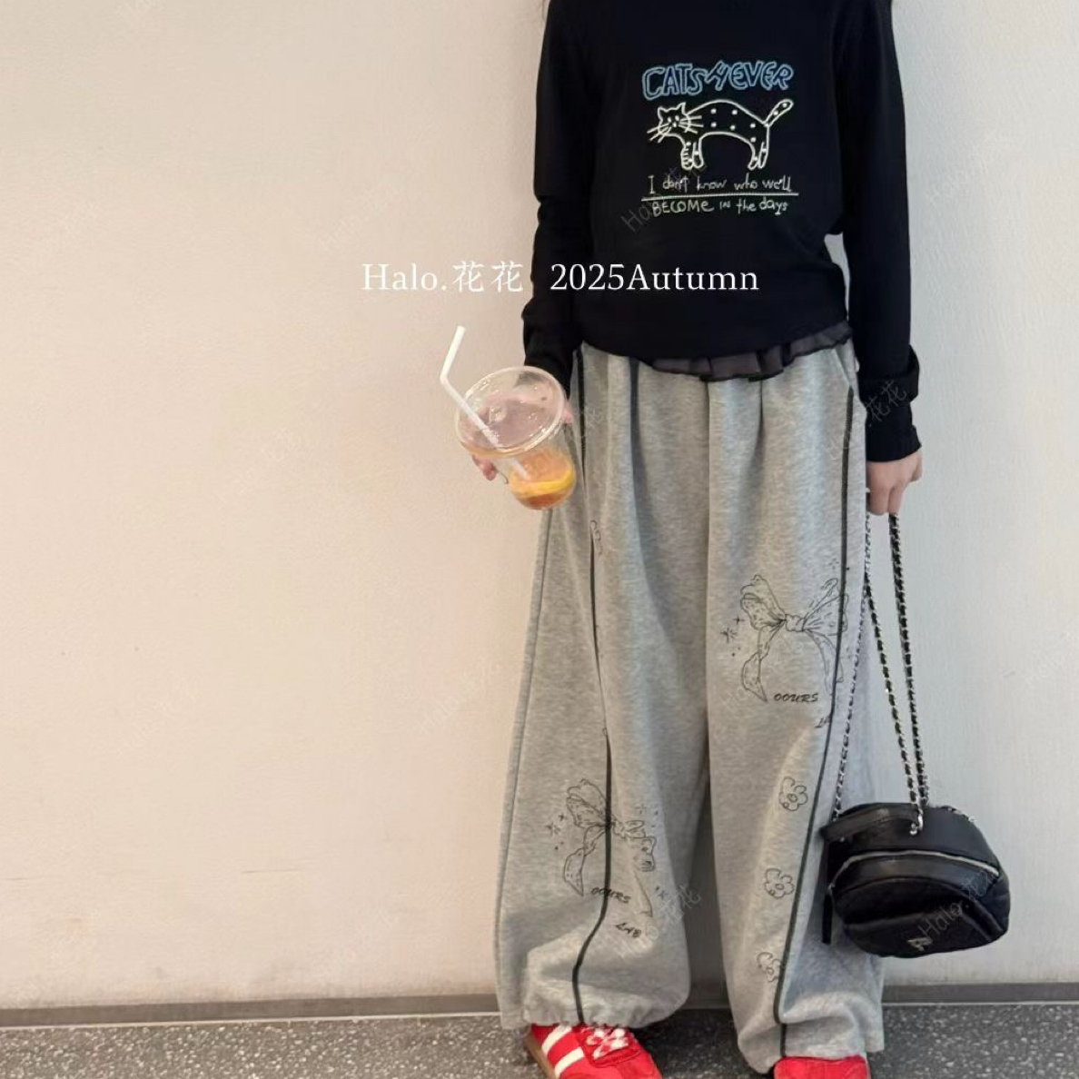 新款秋季女童休闲直筒裤纯色涂鸦印花舒适百搭