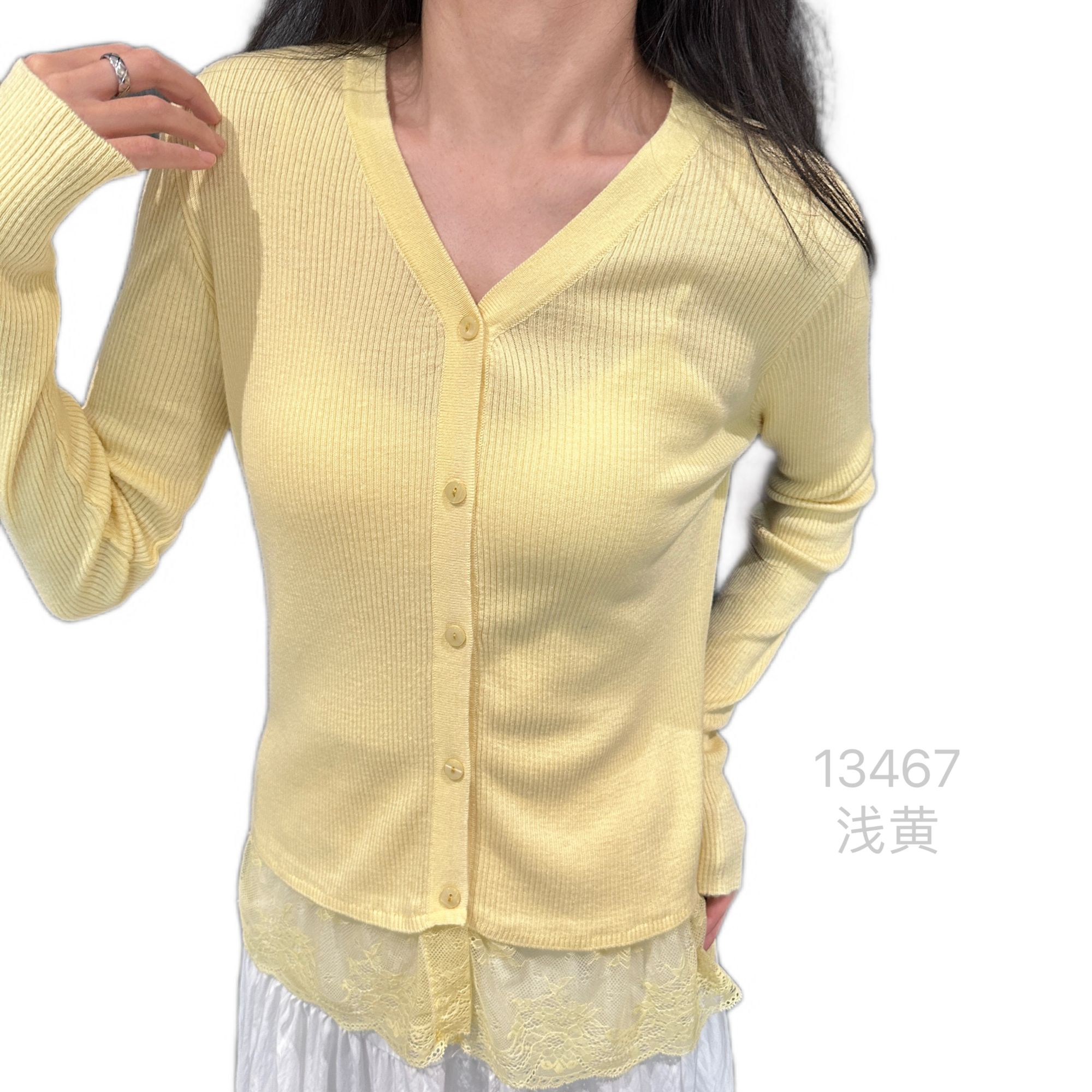 13467（部分无水洗唛，介意慎拍）WANGDAN新款下摆蕾丝拼接长袖开衫