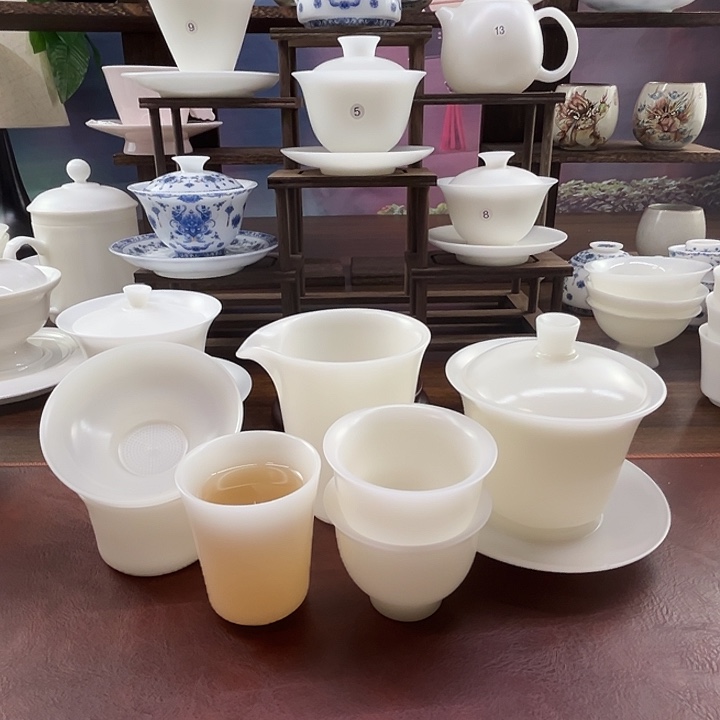 隐唐窑/璞玉素烧自生釉150ml马蹄盖碗10件套