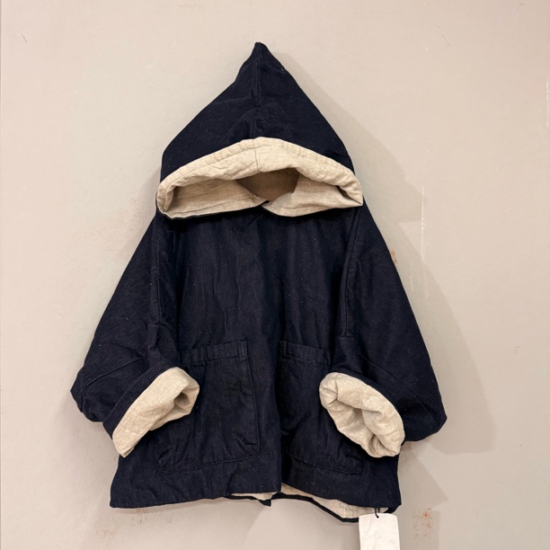 二囍古朴2510291 牛仔麻大巫帽絮片棉袄