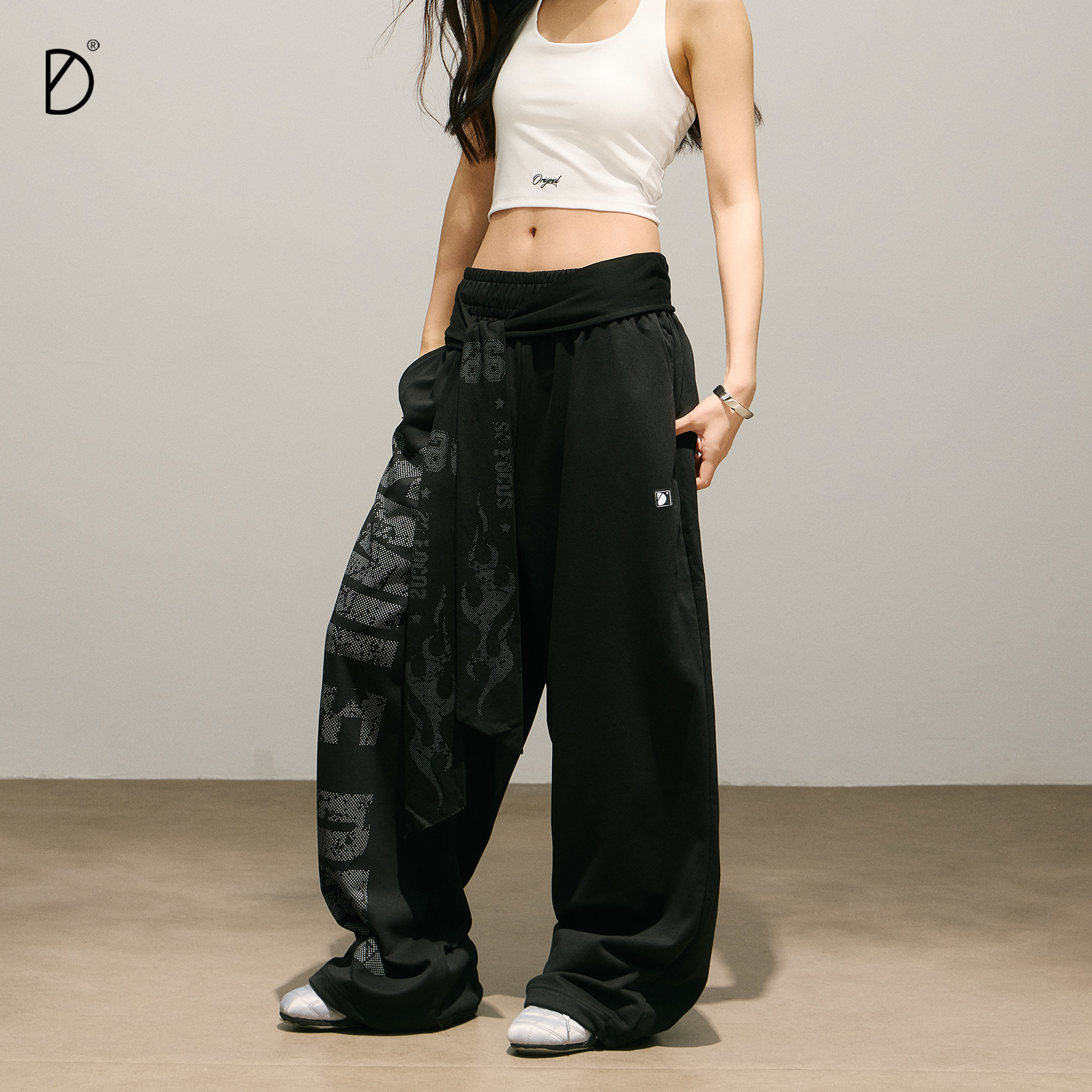 SMILEDDD飘带高腰运动卫裤休闲显瘦宽松垂感阔腿裤跳舞爵士舞裤子