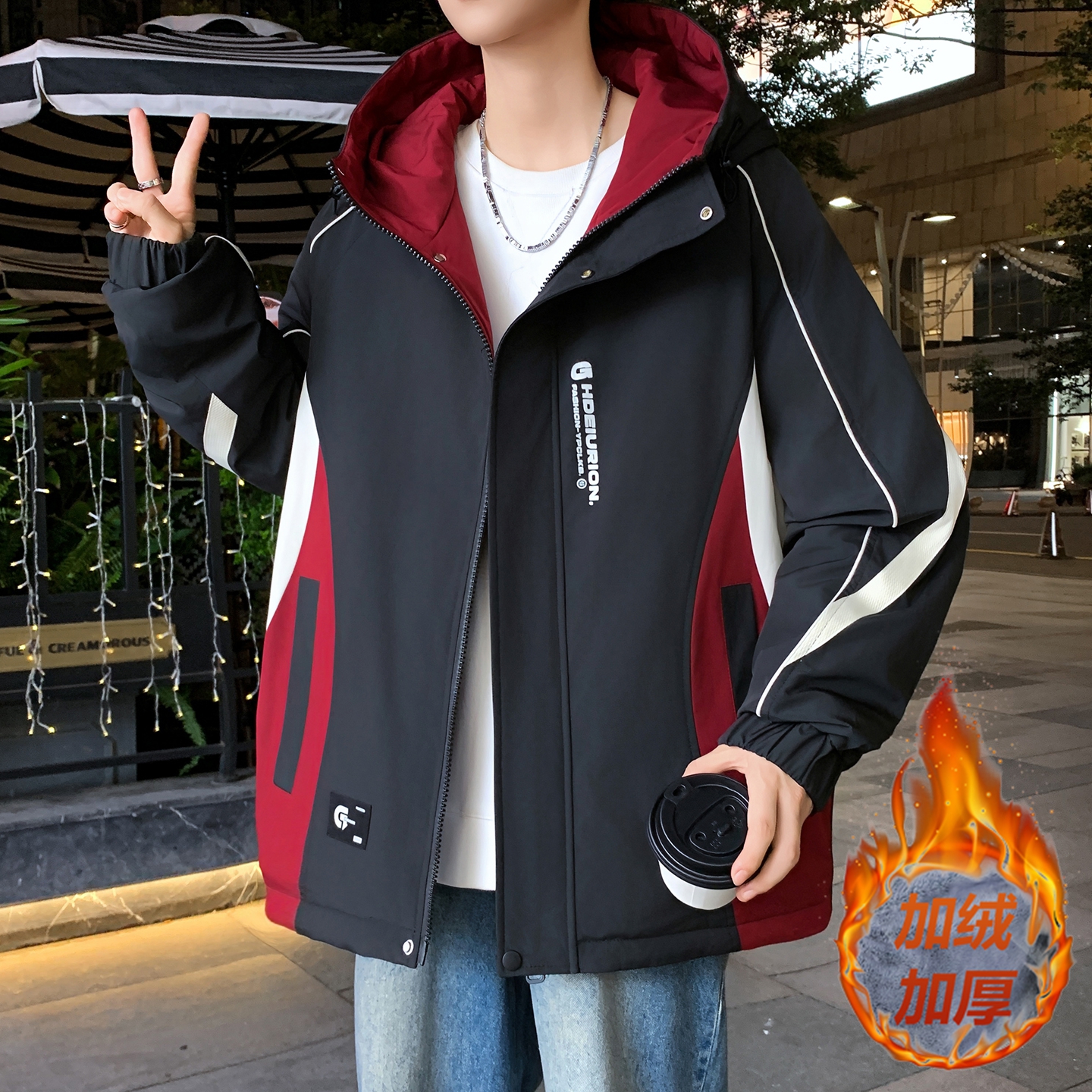 2025秋冬季新款青少年韩版潮牌夹克男生加绒加厚连帽外套宽松男装