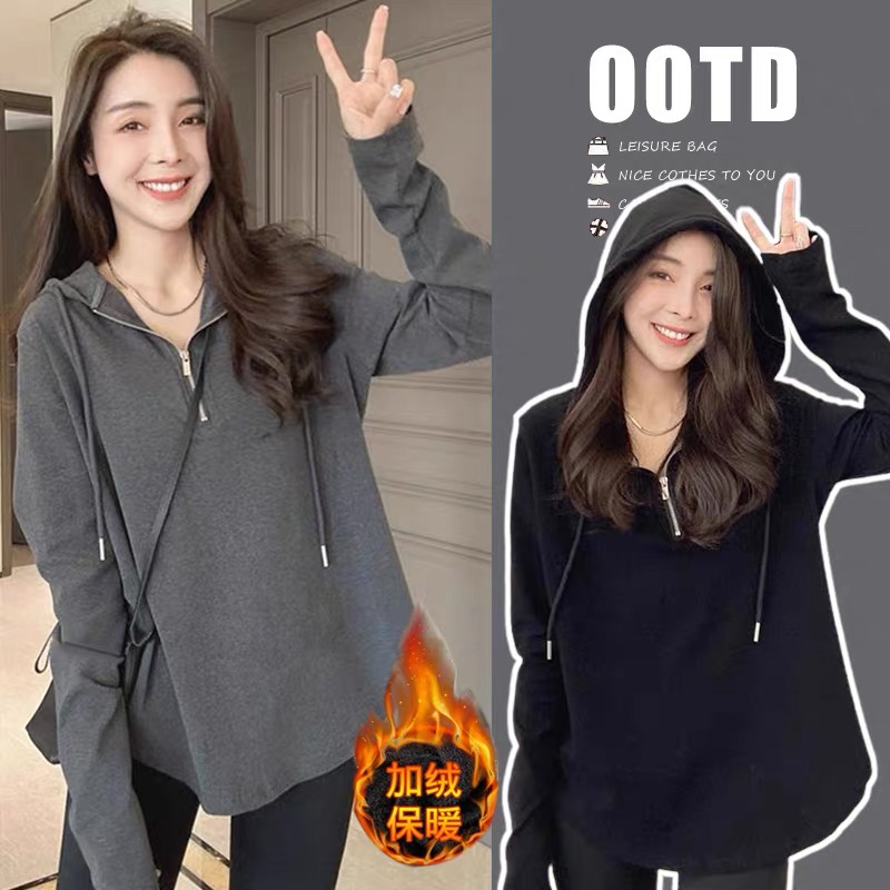 孕妇装秋冬加绒加厚上衣2025新款韩版网红半拉链连帽长袖卫衣