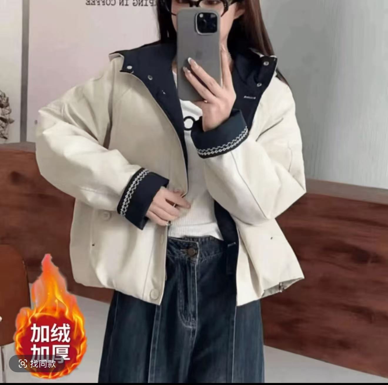 【莫奈花园】加绒冬季宽松韩版连帽加厚派克服外套8056