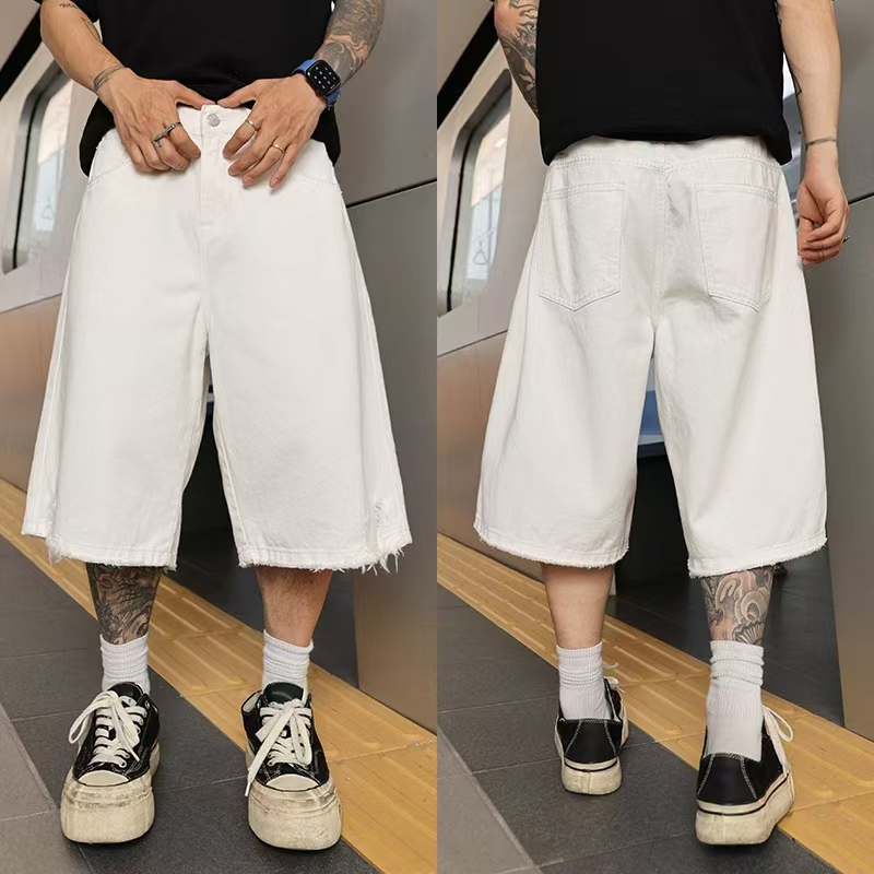 AC3523夏季裤男设计感短裤白色六分裤休闲直筒高街宽松牛仔短裤