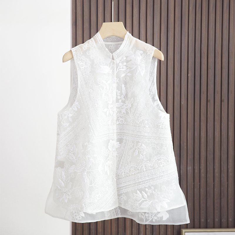 桑蚕丝新中式马甲女重工刺绣马夹背心轻奢立领显瘦百搭上衣025