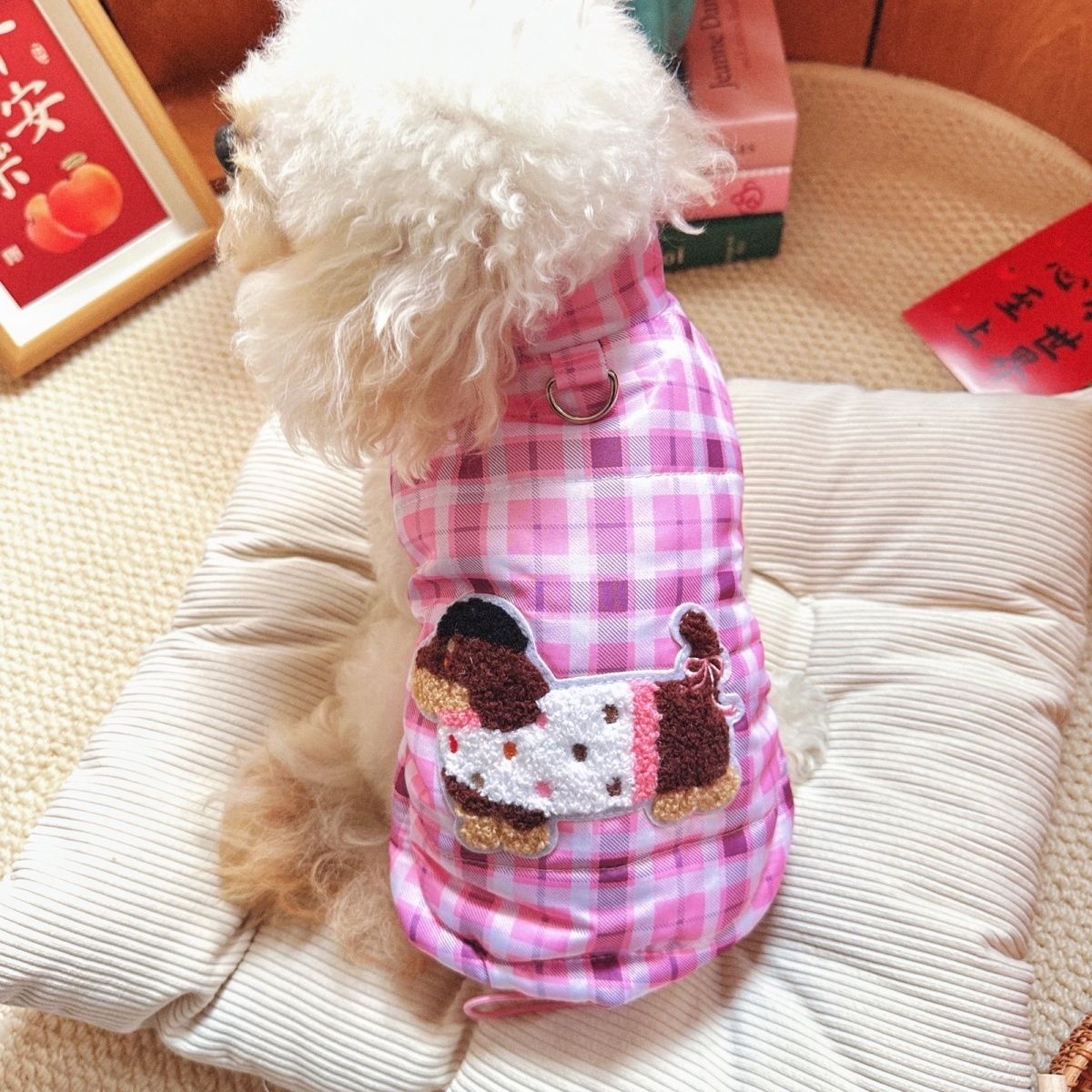 狗狗衣服冬季格子夹棉马甲雪纳瑞泰迪比熊加厚防风防雪外套约克夏