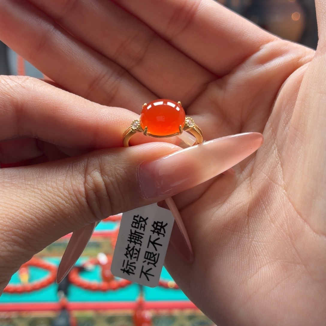 南红玛瑙银S925镶嵌女戒原矿保山南红小庄冰红女戒