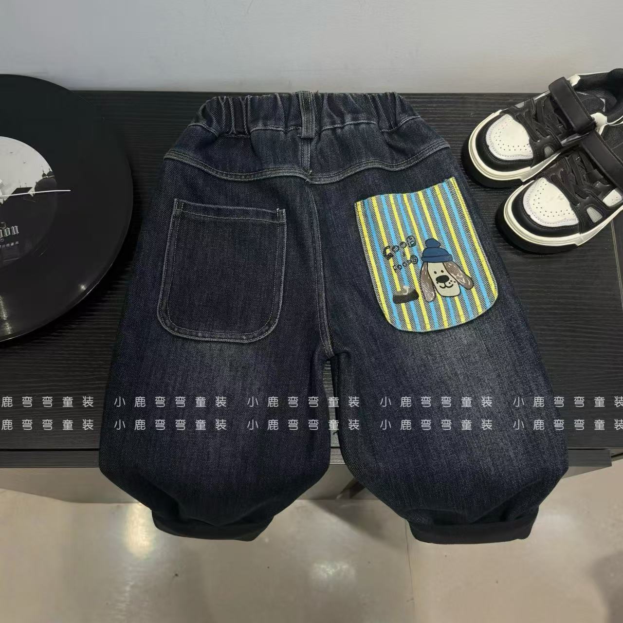 【小鹿家】D925男童冬季一体绒腊肠小狗儿童加绒加厚牛仔裤