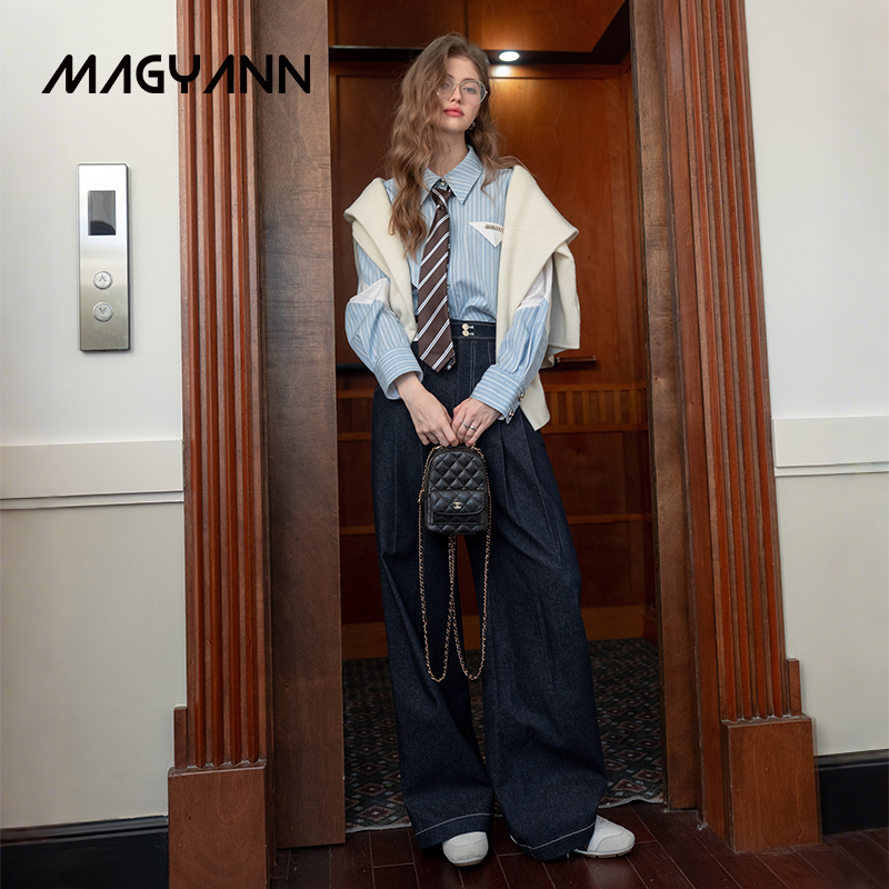 Magyann/昧宴【悠扬步调】可调节压线阔腿裤-牛仔蓝