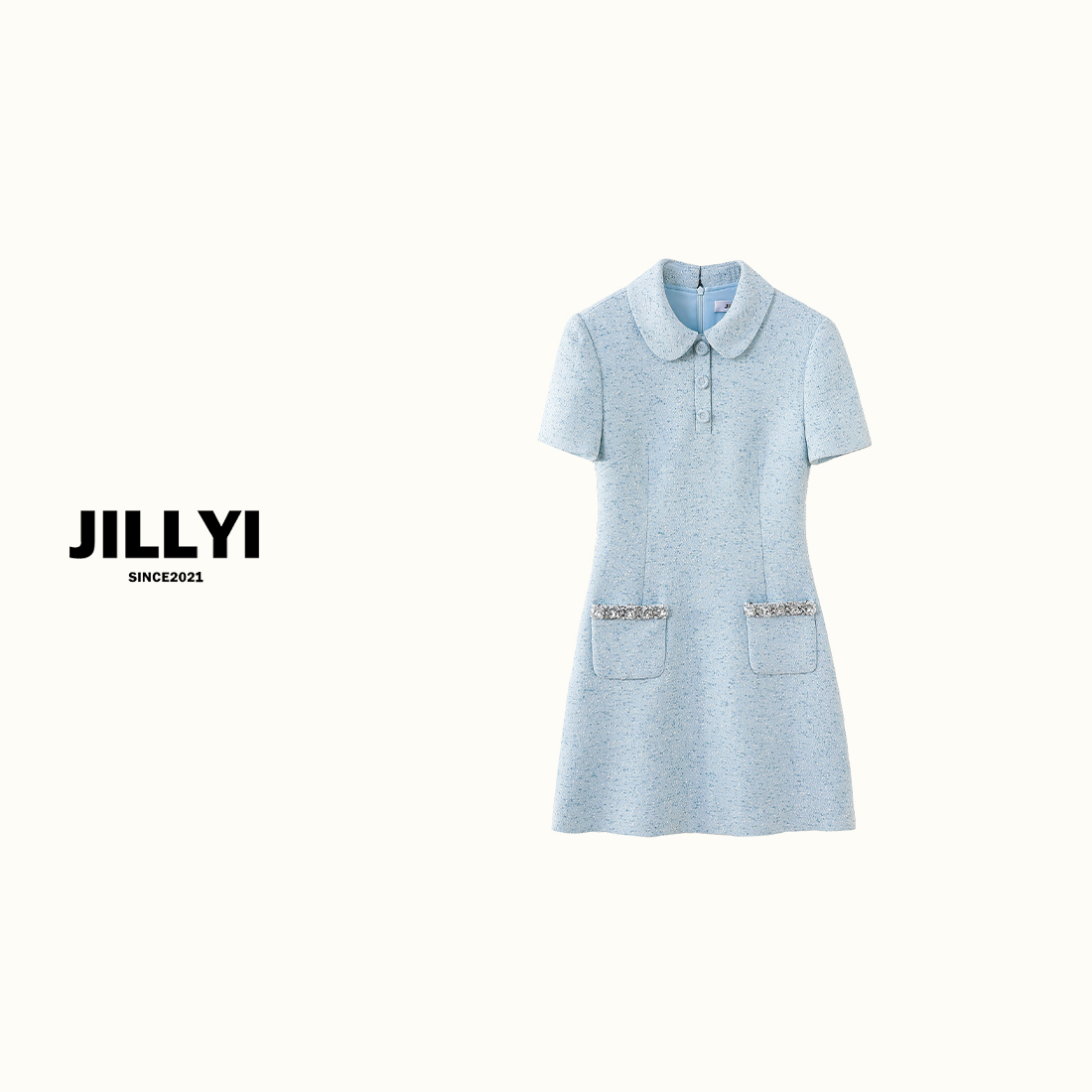 JILLYI南山店【梦幻蓝】梦幻蓝短袖混纺钻边口袋设计元宝领连衣裙