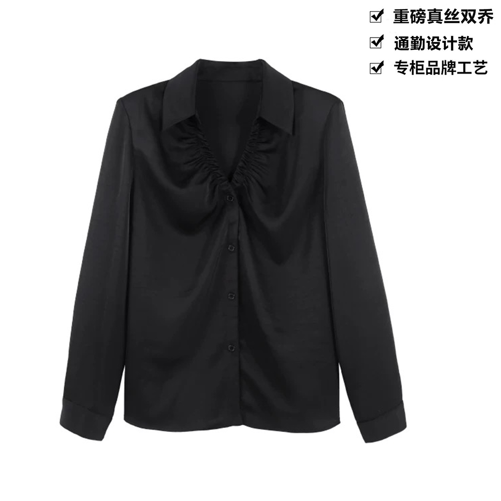 重磅真丝双乔纯色压褶半开领长袖桑蚕丝衬衫上衣ZKD27黑色