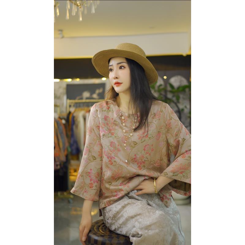 （柔枝）国风连衣裙短袖老钱风复古提花上衣新中式
