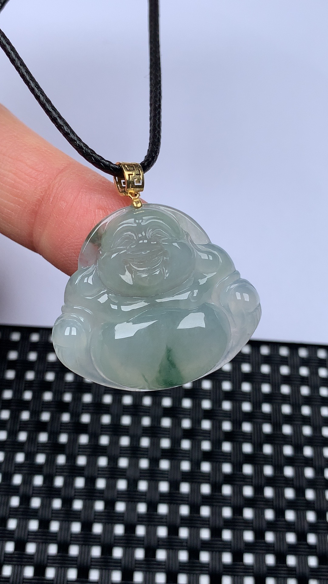 缅甸天然翡翠A货，冰种飘花佛公吊坠，尺寸28.2-31.5-5.9