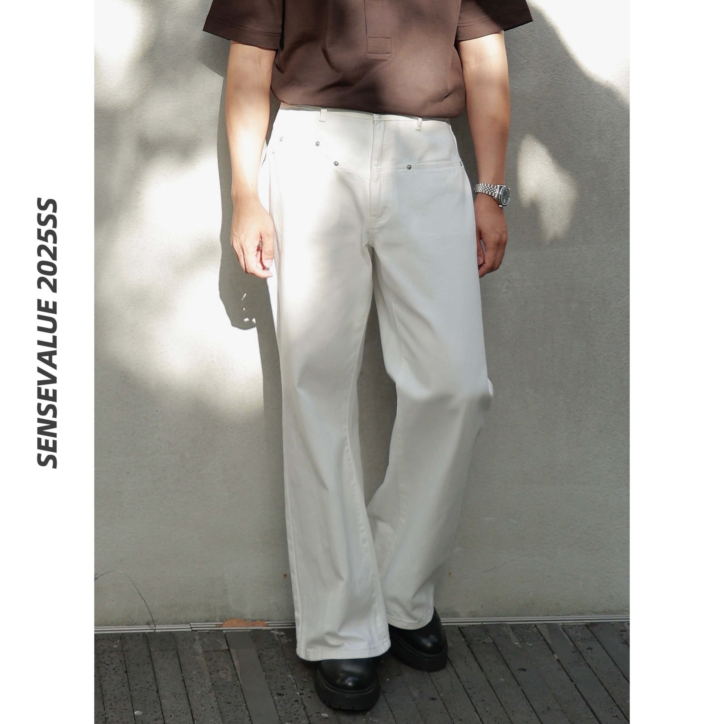 SENSEVALUE超绝松弛感黄金版型休闲柔软直筒微喇百搭牛仔裤白色男