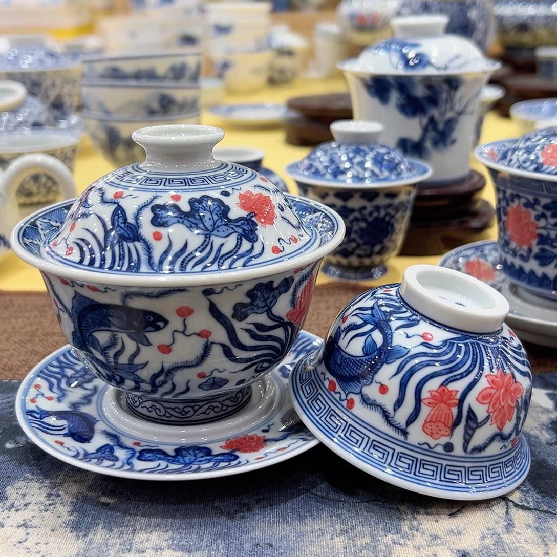 青*正宗柴窑鱼藻盖碗单杯