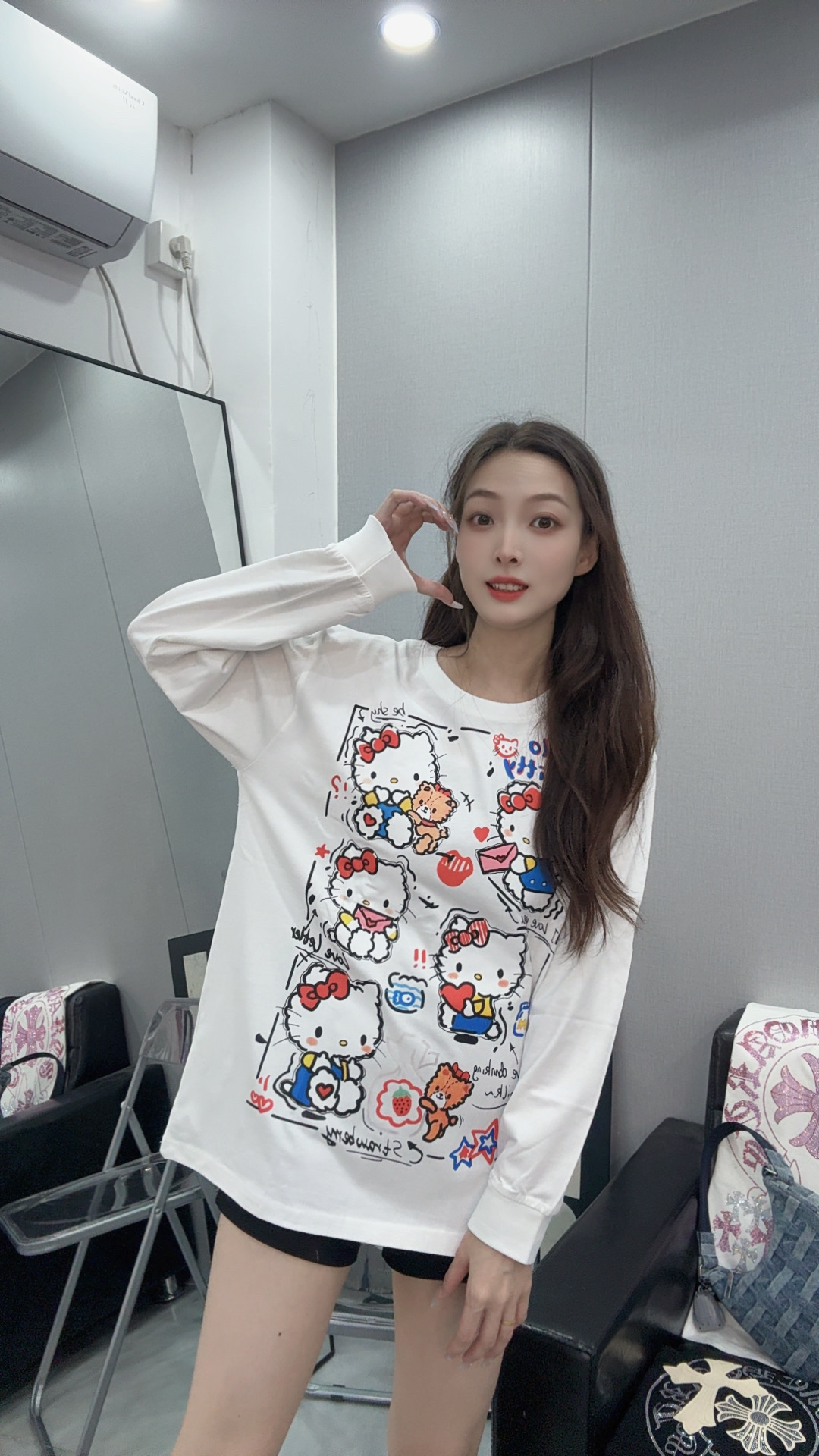 【LLZ306】春秋新款纯棉长袖休闲百搭漫画KT猫双面印花T恤时尚上衣