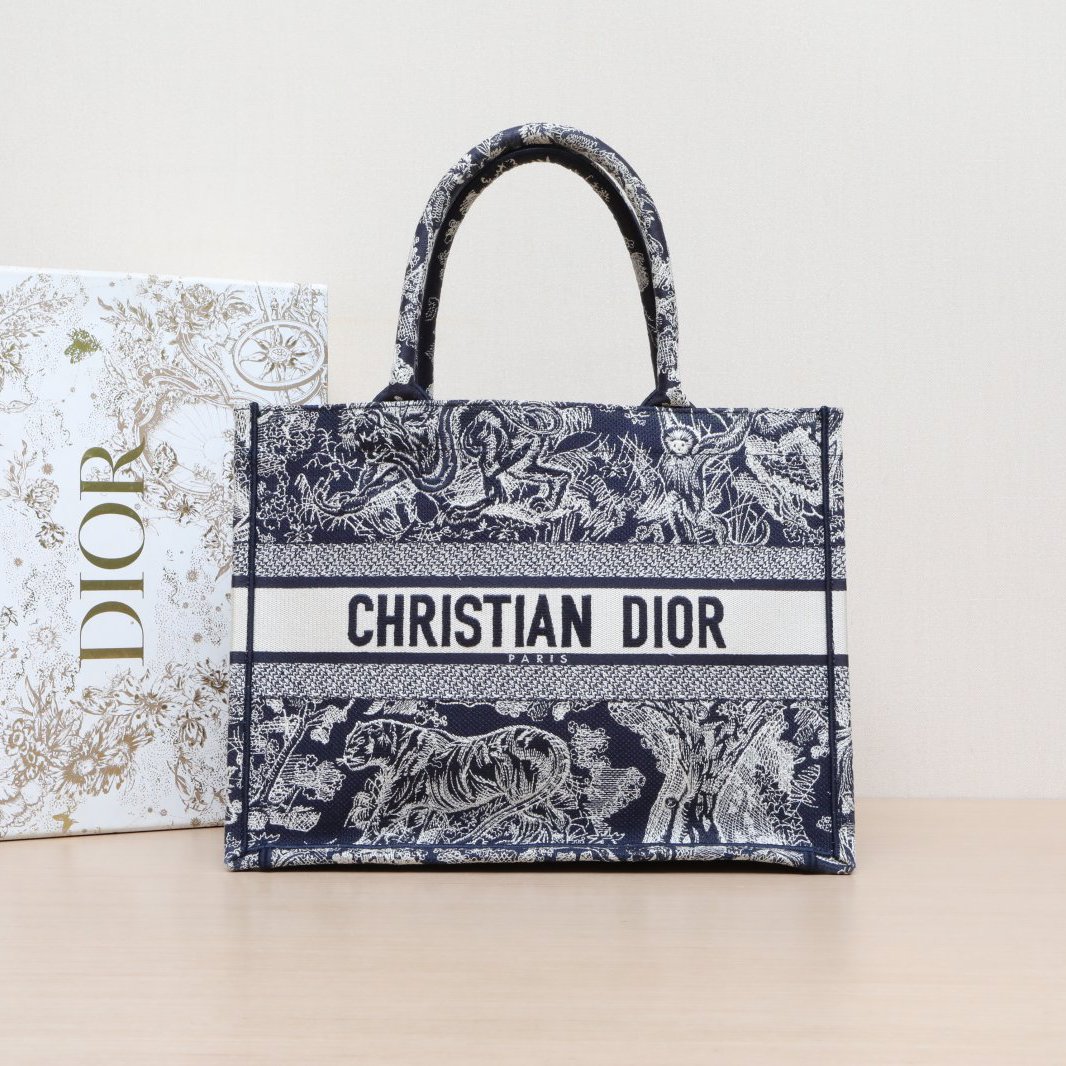 99新 DIOR/迪奥 小花Jerry 中号 36 墨蓝色 动物园老虎刺绣 
