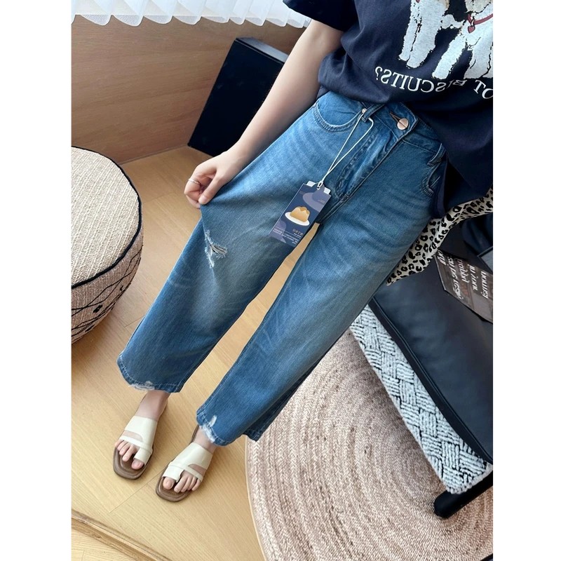 莱赛尔夏季薄款软高腰阔腿裤小个子女破洞凉感天丝九分直筒裤裤子