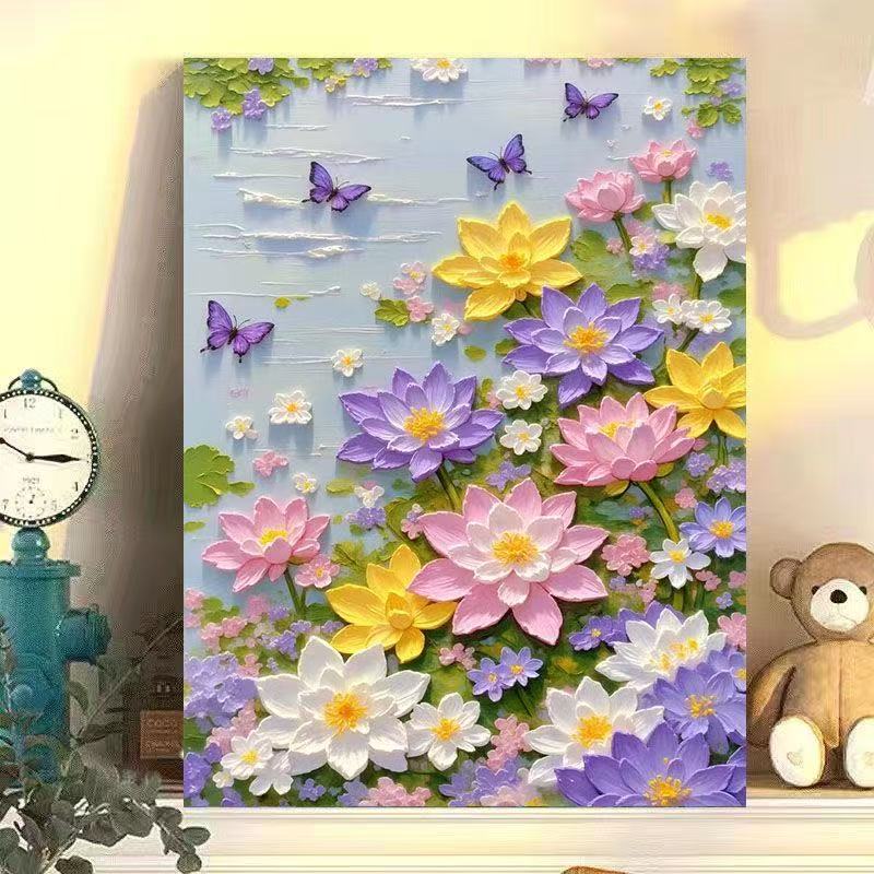diy数字油画荷花与蝴蝶系列手工填充填色油画解压治愈装饰挂画