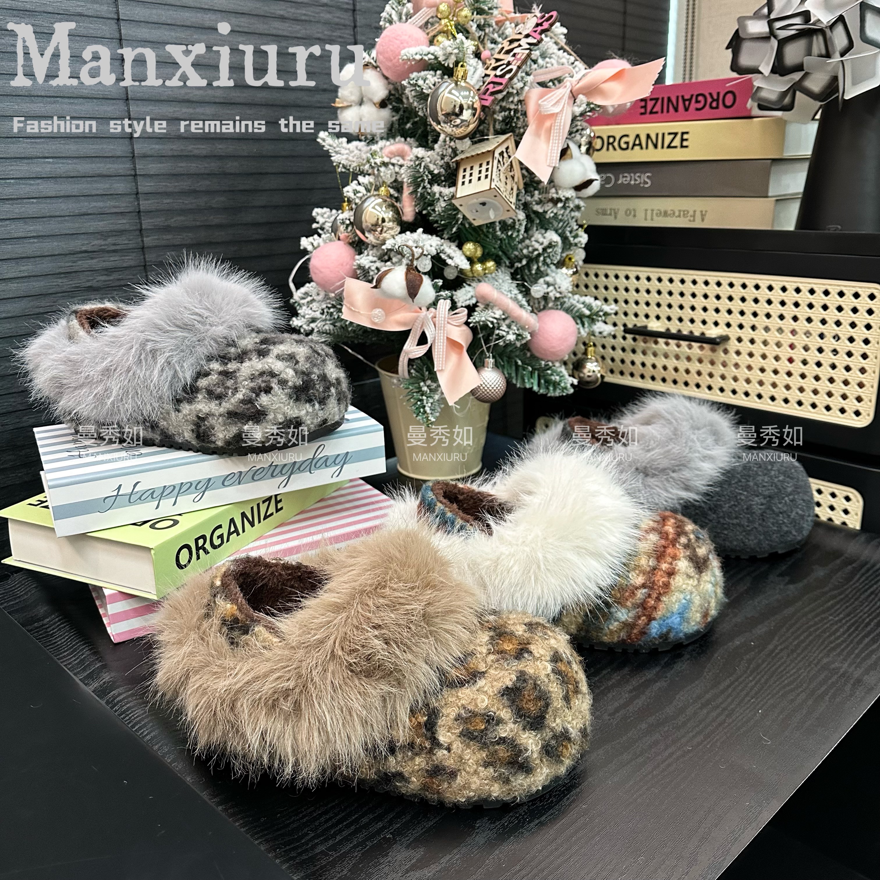 【曼曼】费尔岛风格“彩绒星絮”25冬时尚百搭拼色厚底两穿包头毛毛鞋