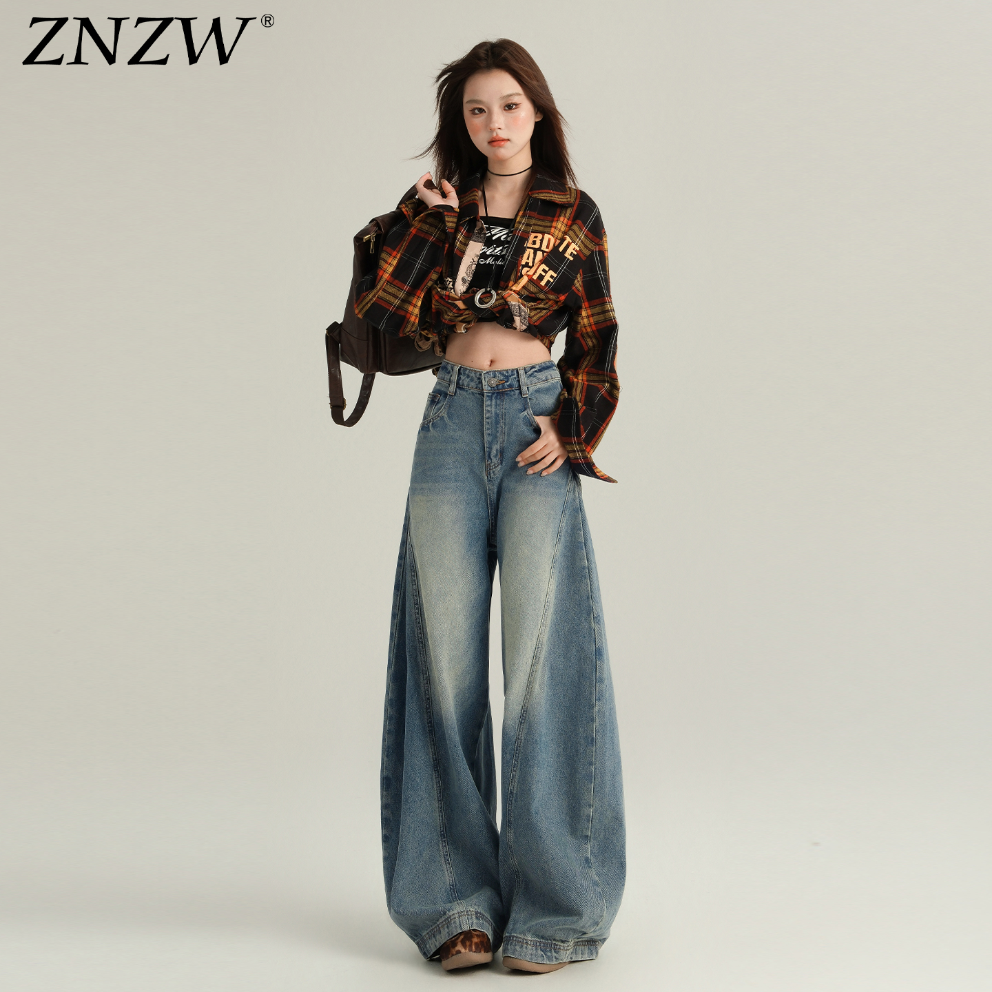 ZNZW美式镰刀裤女2025新款秋季高腰宽松垂感水洗直筒阔腿裤女