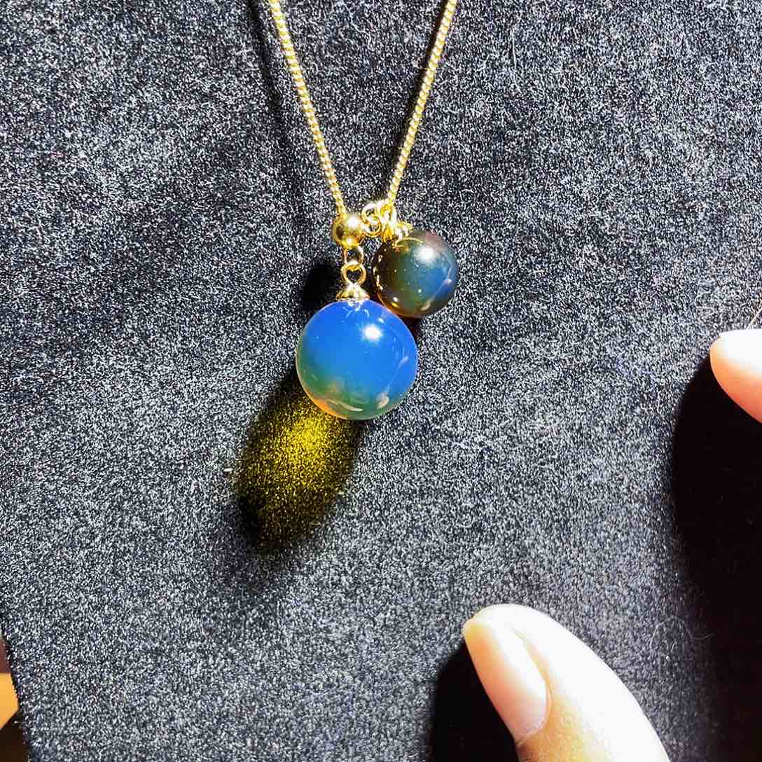 蓝珀裸石未镶嵌双珠项链