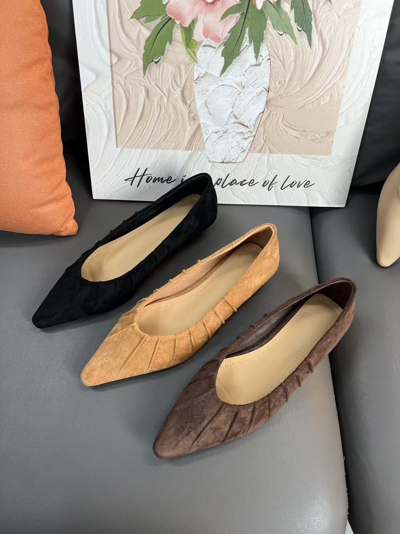 羊皮版百褶浅口新款纯色舒适一脚蹬尖头中跟增高女鞋绒面单鞋通勤