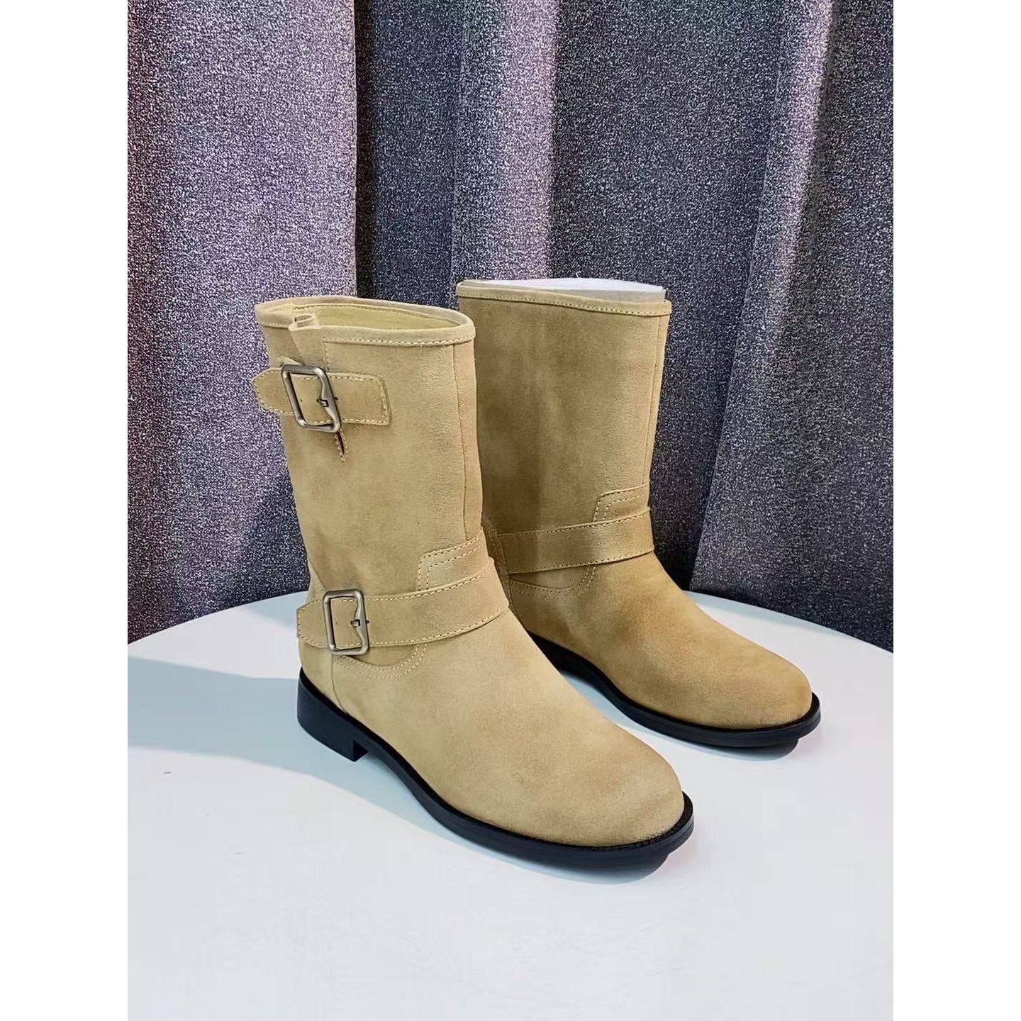 C2388 杏色 高端粗跟圆头真皮厚底短靴 马丁靴