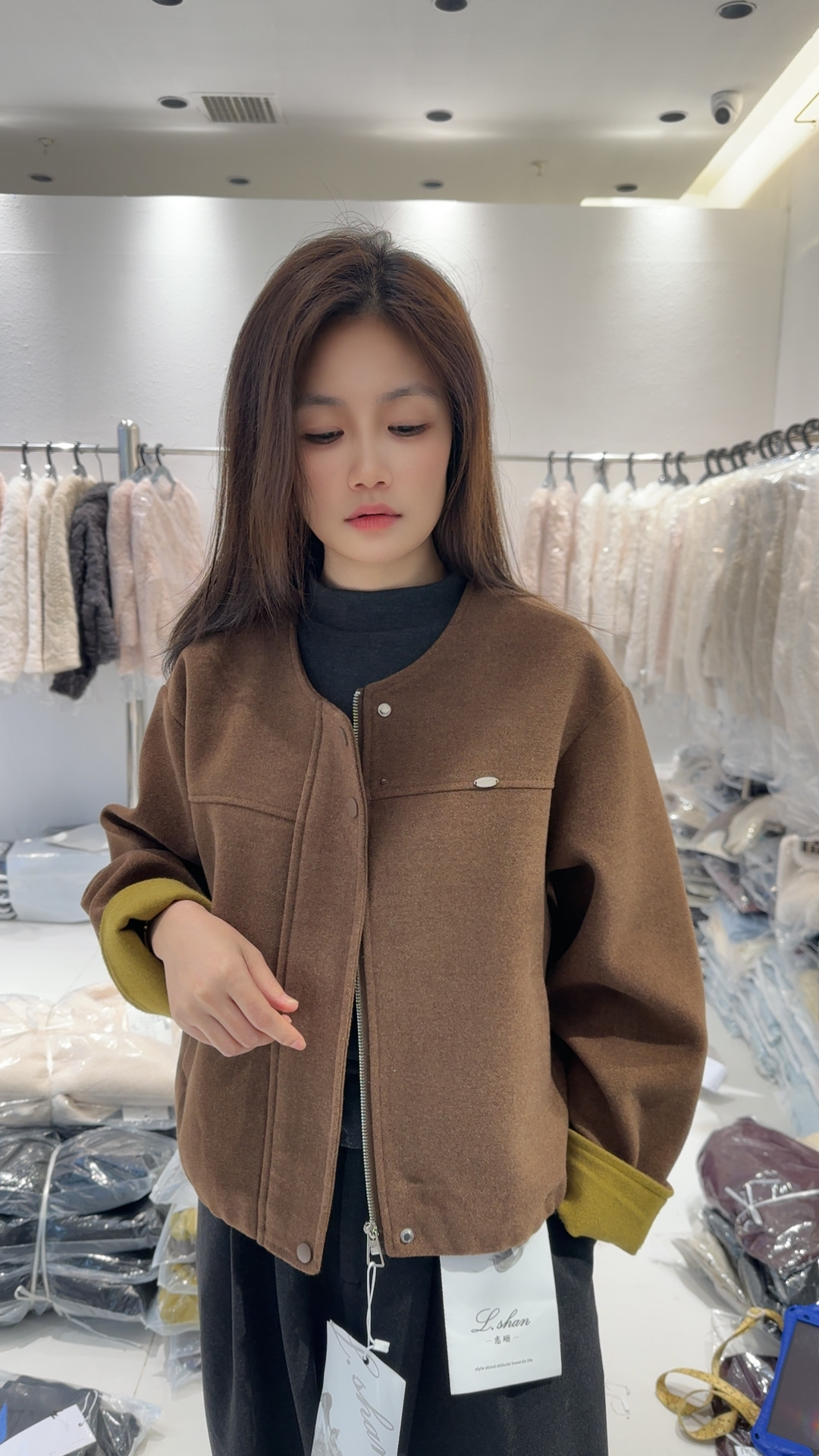 2526#衣长55短款宽松时尚毛呢外套韩版气质常规慵懒风透气圆领