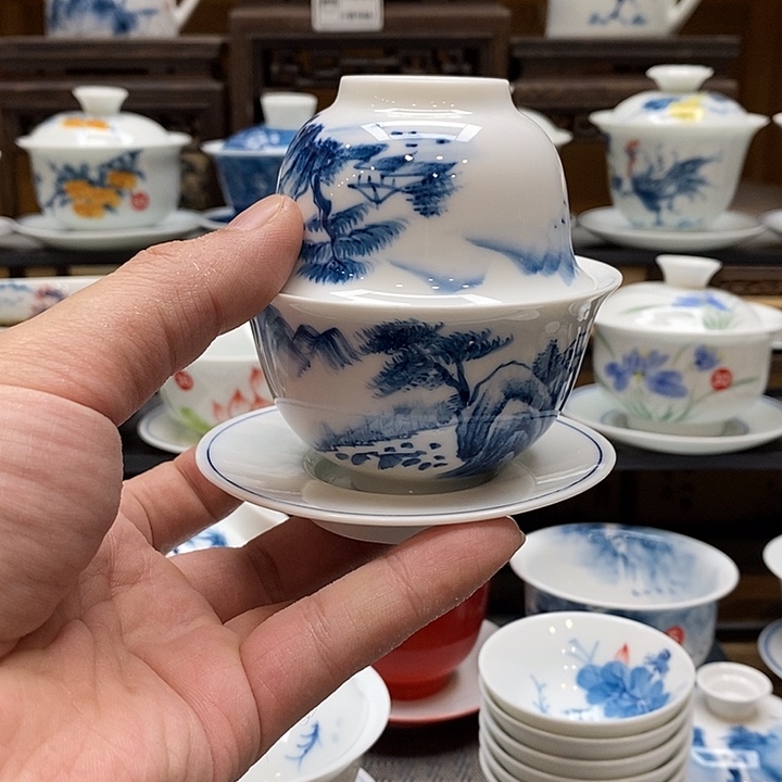 手绘微瑕山水盖碗压手杯