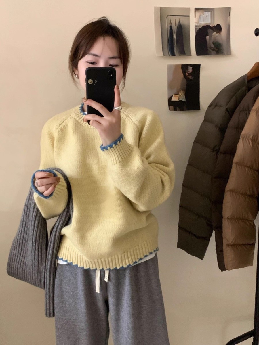 韩系撞色简约圆领套头毛衣女2025秋冬新款内搭高级感叠穿针织上衣