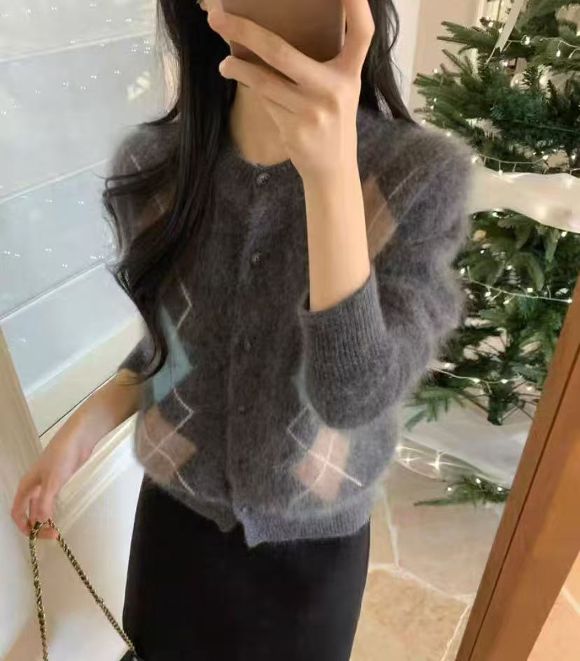 【十一甄选】拉绒菱形格开衫休闲