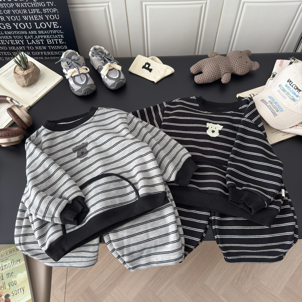 儿童韩系条纹加绒套装休闲运动上衣裤子秋冬卫衣两件套