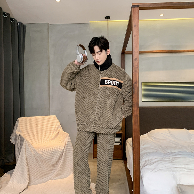 套装睡衣男士休闲家居服加厚长袖长裤情侣双面宽松加绒保暖韩版