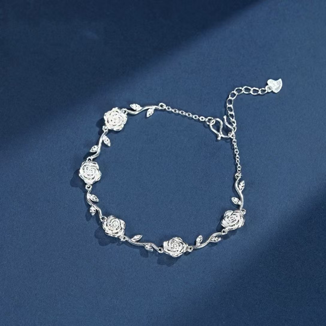 足银手链 足银【玫瑰花手链】玫瑰藤蔓实心新中式