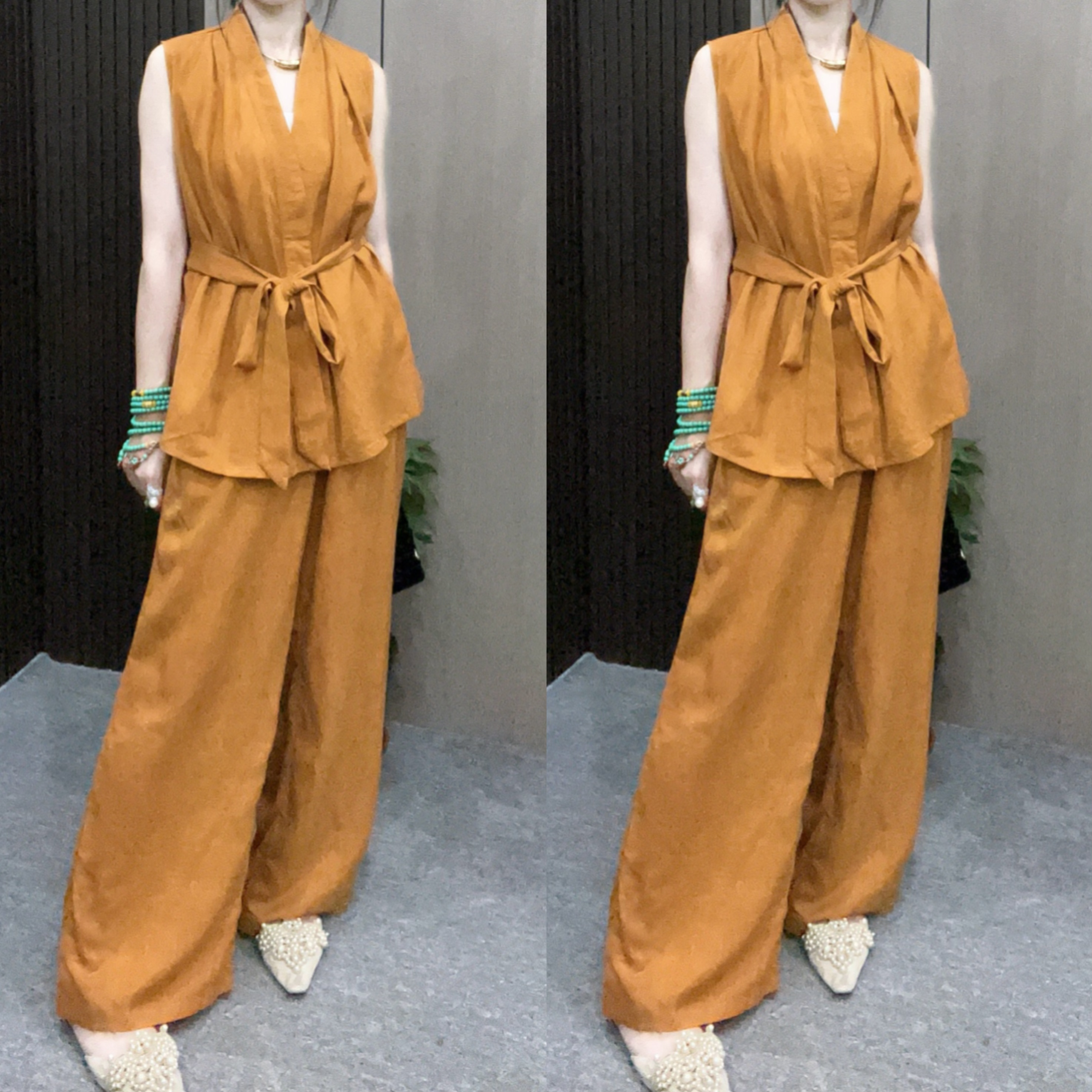 夏季新款韩系通勤气质无袖系带款亚麻阔腿裤套装