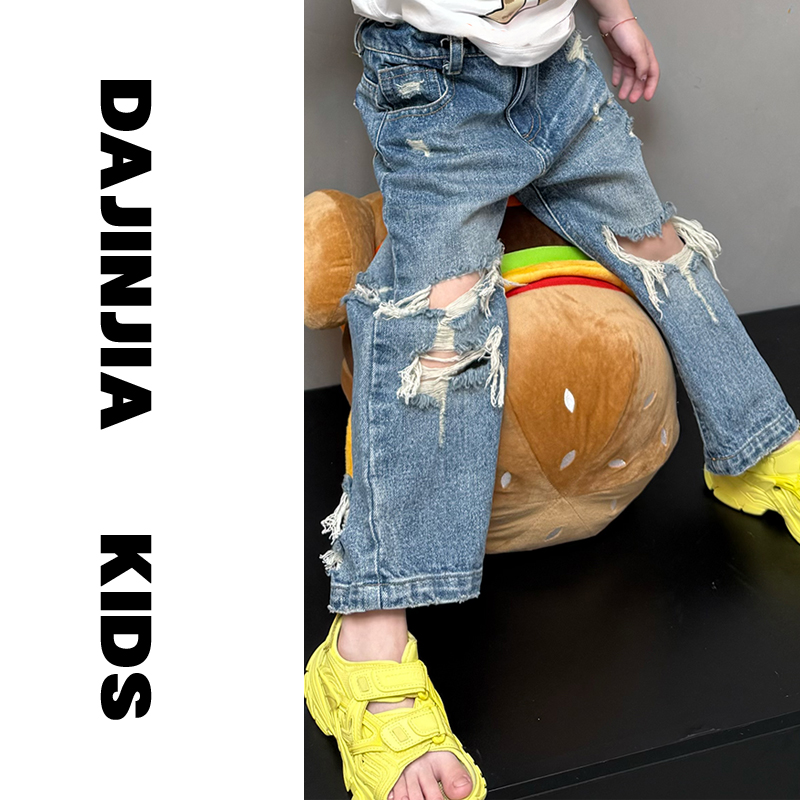 大金定制夏季新款自制男女童破洞高街风水洗蓝毛边破洞软牛仔潮裤