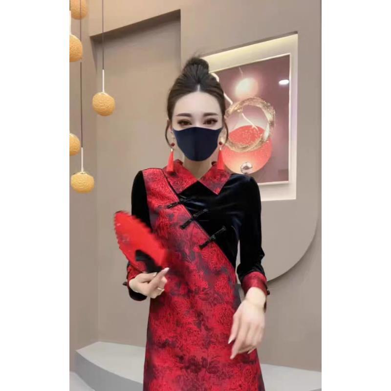 气质中国风连衣裙女25秋冬新款复古盘扣长袖洋气显瘦宽松a字裙潮