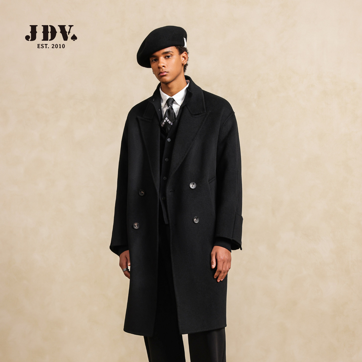 JDV男装宽戗驳领毛呢大衣2025年秋冬新款纯羊毛复古毛呢大衣男款