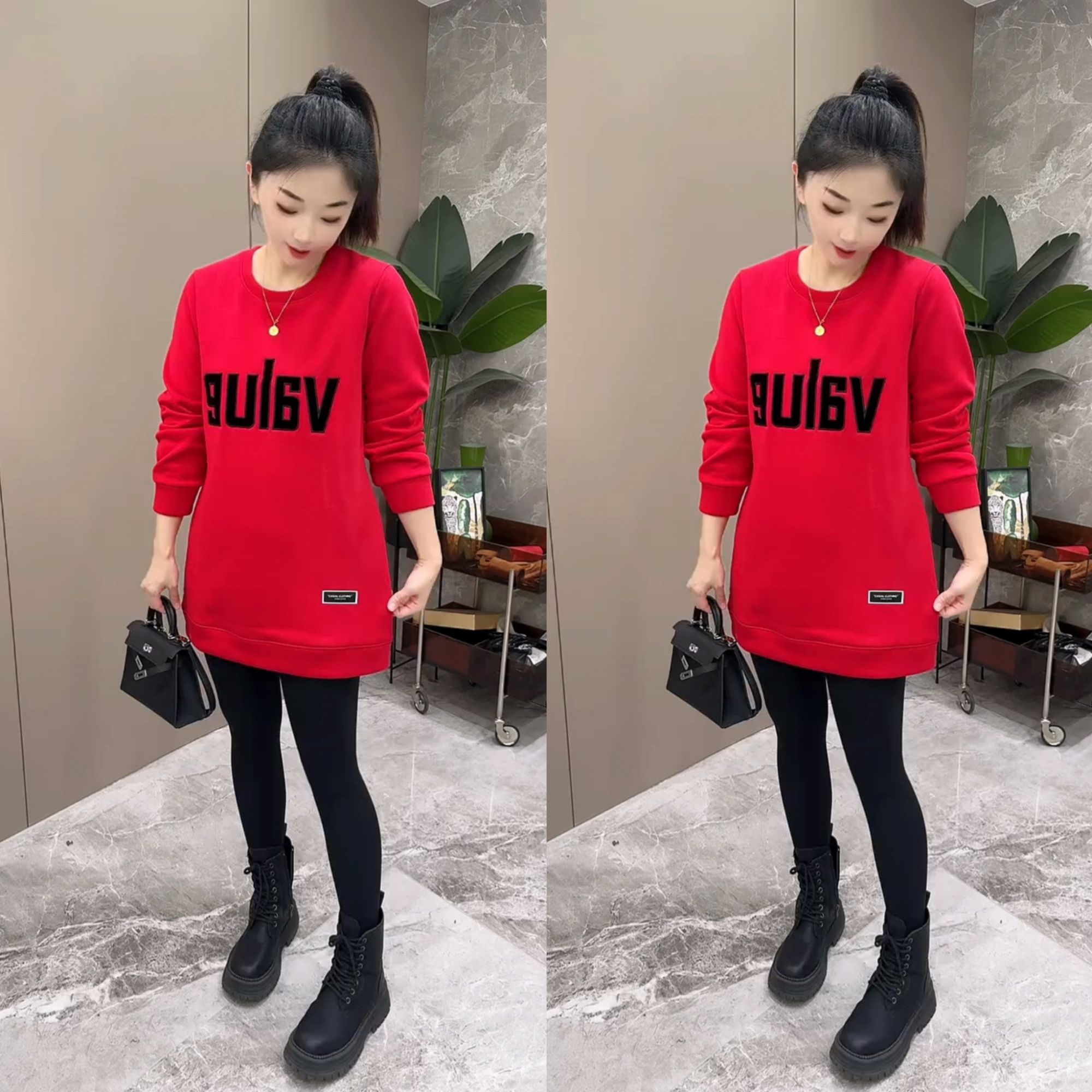 大码时尚韩版洋气长袖卫衣圆领中长款保暖冬季休闲百搭宽松卫衣裙