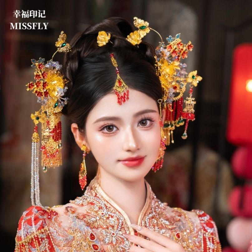新娘金色花朵秀禾新中式头饰奢华结婚重工水晶流苏龙凤褂发饰减龄