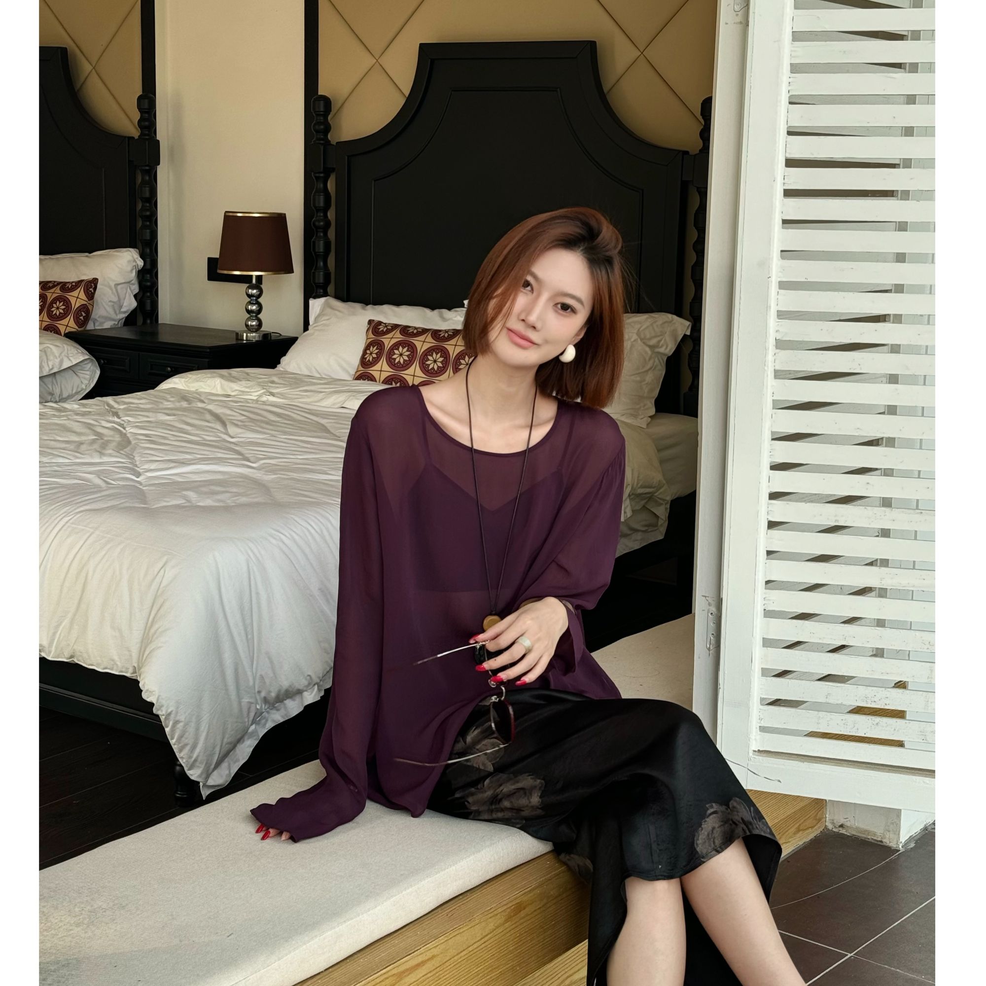 ViniFF薇妮｜【反季】82「暮云纱」开叉圆领长袖衫WA5XX004