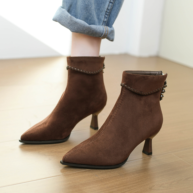 羊皮版~法式洋气尖头短靴女款2025新款气质单靴百搭高跟瘦瘦靴女