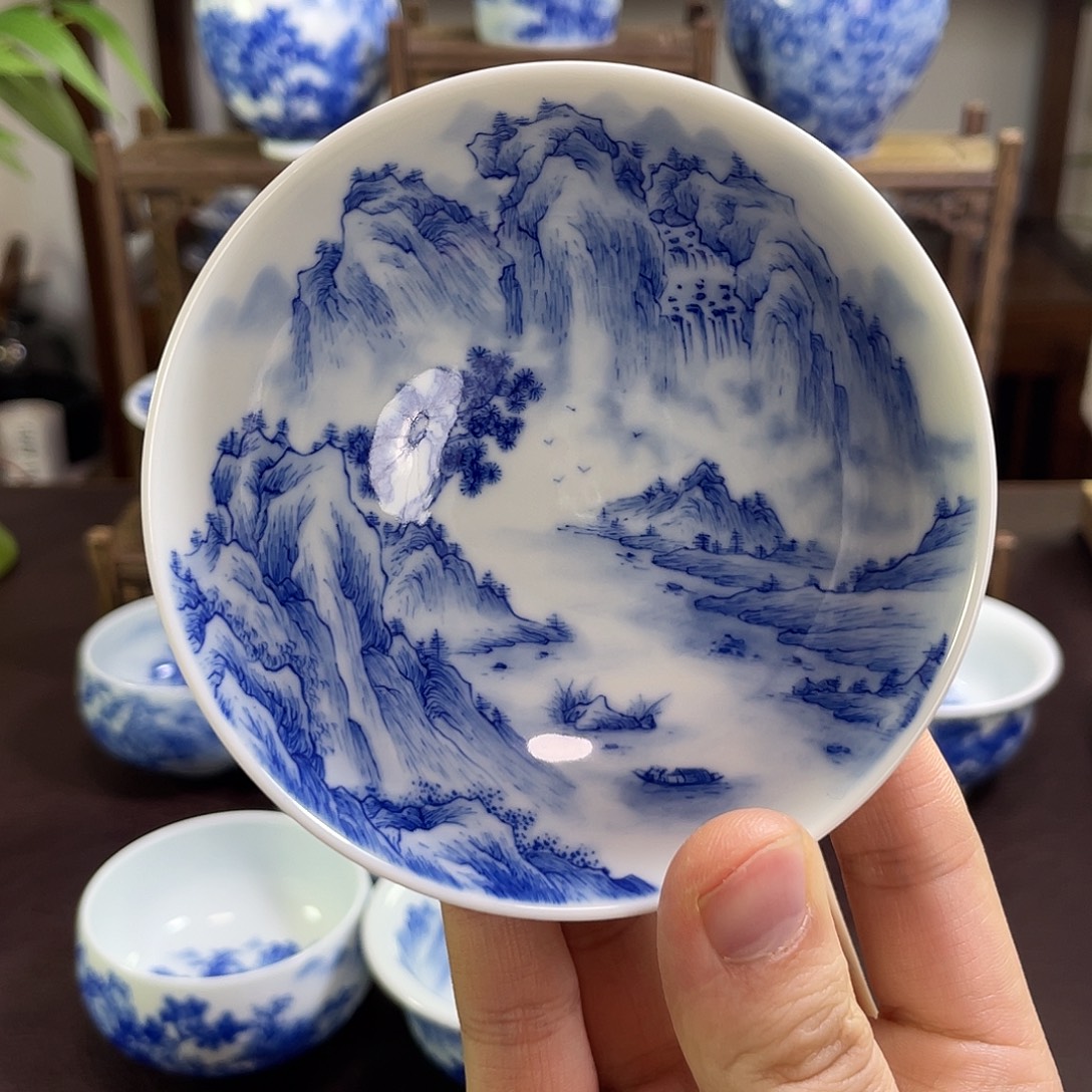 天***蓝陶纯手工手绘重工山水