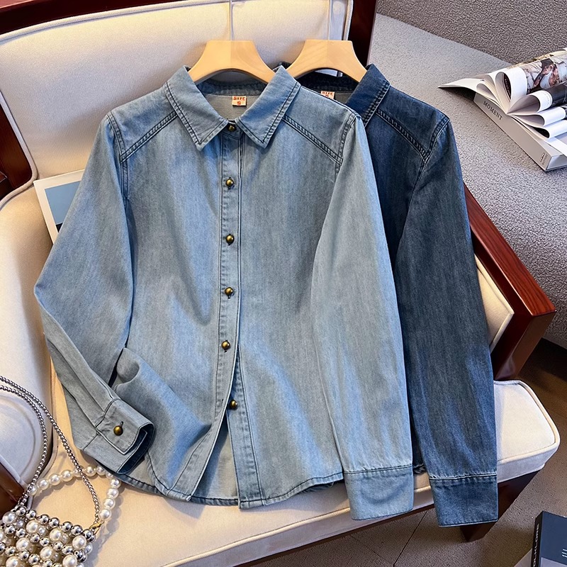 港味复古牛仔衬衫女2025春秋新款宽松显瘦怀旧蓝韩版百搭长袖衬衣